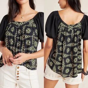 Maeve Anthropologie Catalina Black Green Printed Puff Sleeve Top - Small